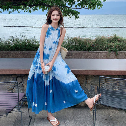 【ワンピース】夏新作 フレンチスタイル タイダイ柄 ノースリーブワンピース 着痩せ効果抜群【SHシリーズ】