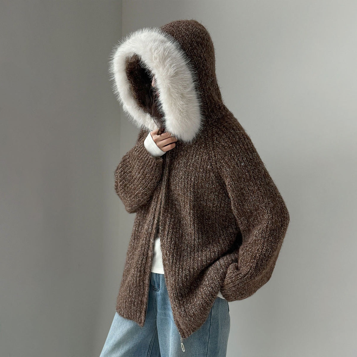 【アウター】ニットカーディガン レディース 秋冬 ふんわり 取り外し可能ファー付き【JZシリーズ】