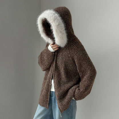 【アウター】ニットカーディガン レディース 秋冬 ふんわり 取り外し可能ファー付き【JZシリーズ】