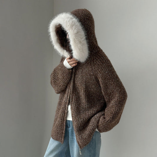 【アウター】ニットカーディガン レディース 秋冬 ふんわり 取り外し可能ファー付き【JZシリーズ】