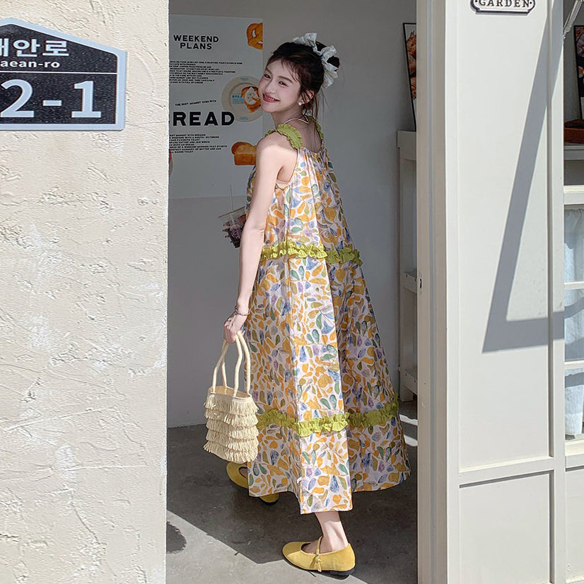 【ワンピース】大人可愛い 花柄 キャミワンピース レディース 夏 フリル 配色デザイン ノースリーブ ロング丈 フェミニン ワンピース【SHシリーズ】