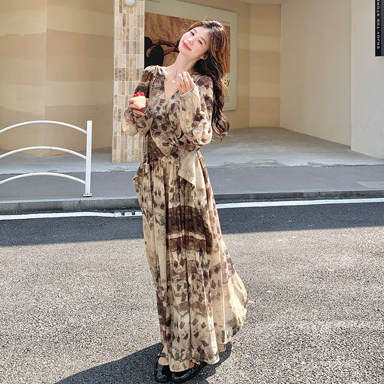 【ワンピース】メラード調 ハイセンス 花柄 長袖ワンピース レディース 春秋 フレンチエレガント 民族調プリント マキシ丈【SHシリーズ】