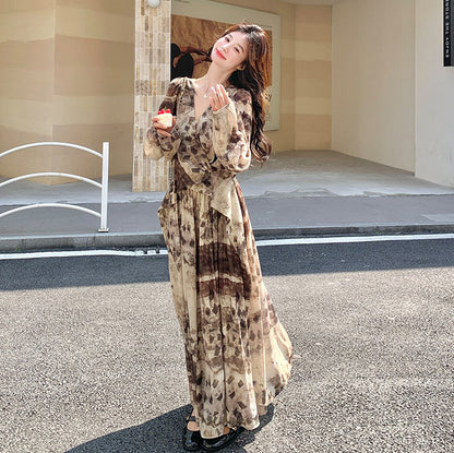 【ワンピース】メラード調 ハイセンス 花柄 長袖ワンピース レディース 春秋 フレンチエレガント 民族調プリント マキシ丈【SHシリーズ】