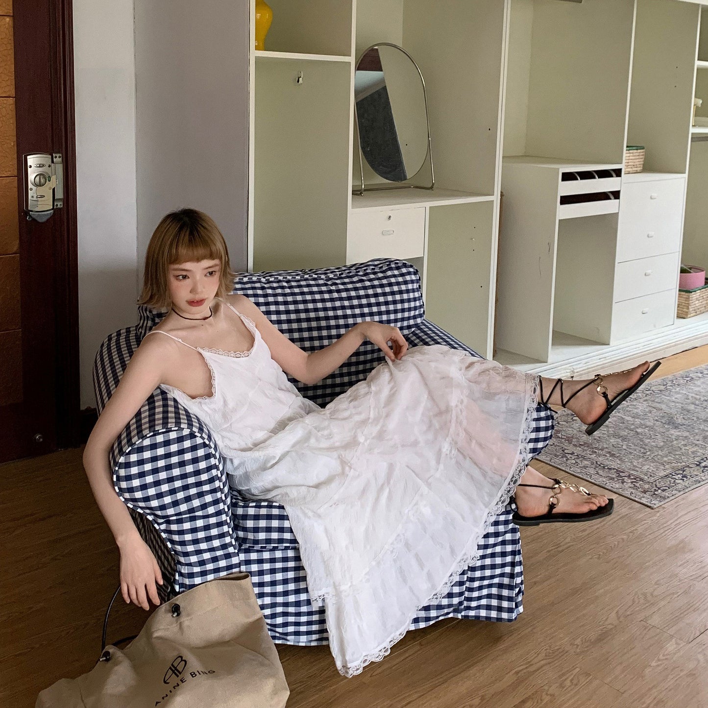 【ワンピース】レース Vネック アンダートレンドフェアリーワンピース ノースリーブワンピース【JZシリーズ】