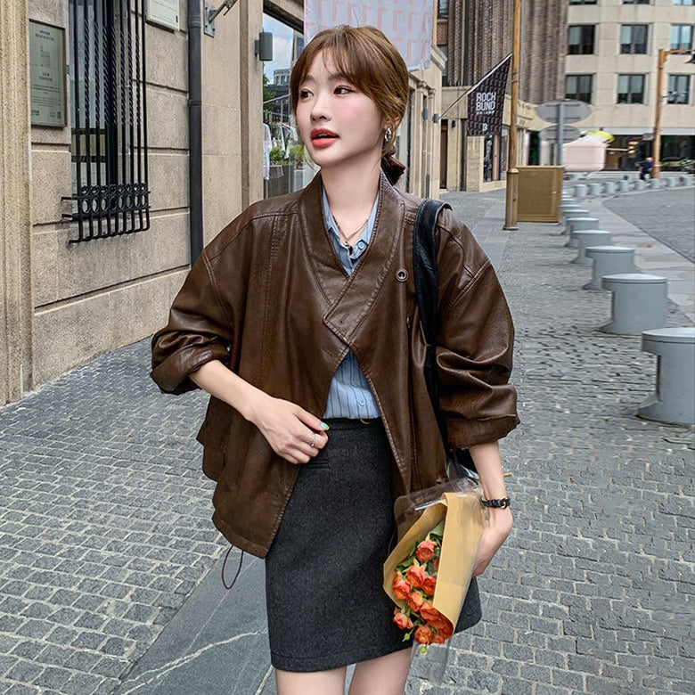 【アウター】メラード ブラウン レザージャケット レディース 春秋 上質感 ストリート系 ショートジャケット【JZシリーズ】
