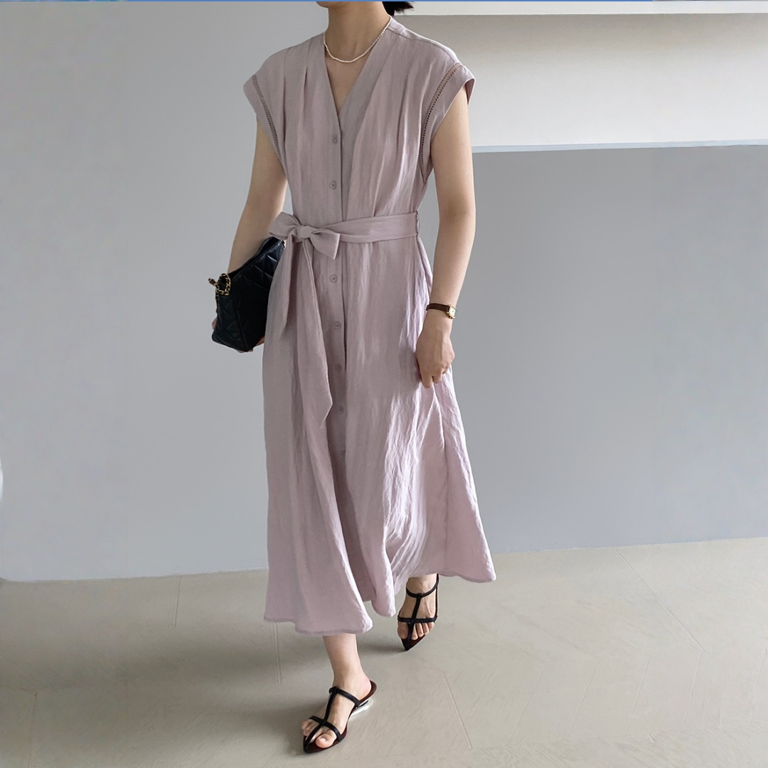 蕾絲刺繡V領露背連衣裙｜夏季法式氣質長裙｜顯瘦優雅洋裝【JZ系列】