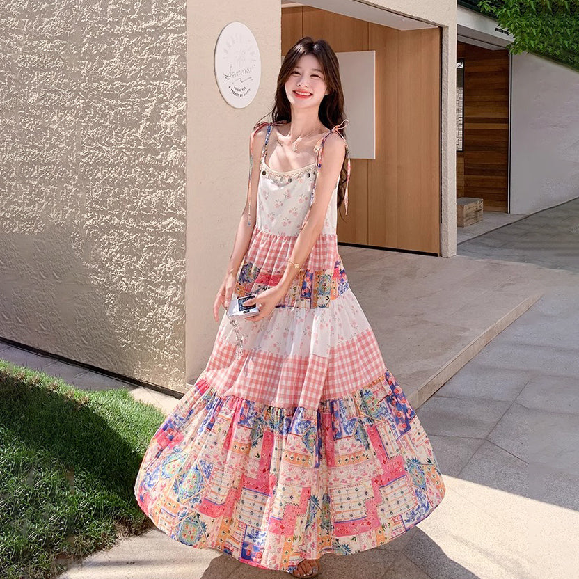 【ワンピース】夏 独特デザイン プリント チェック レースパッチワーク ノースリーブキャミソールワンピース【SHシリーズ】
