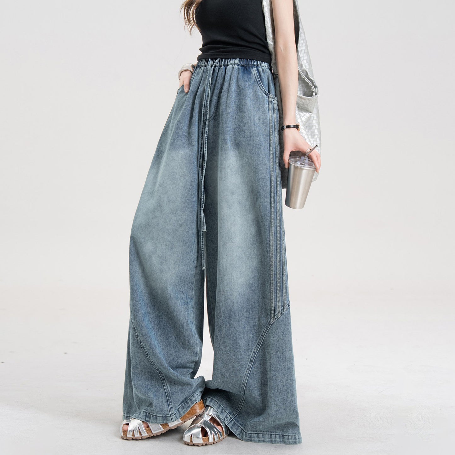 【ボトムス】ヴィンテージ デニムパンツ レディース ストライプ切替 ワイドシルエット ルーズフィット 春夏【JZシリーズ】
