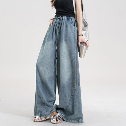 【ボトムス】ヴィンテージ デニムパンツ レディース ストライプ切替 ワイドシルエット ルーズフィット 春夏【JZシリーズ】