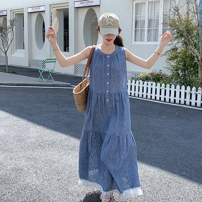 【ワンピース】ユニーク 優しげ 可愛い レース 切り替え ノースリーブ キャミソール ワンピース レディース 夏 フレンチ 気質 若見え マキシ丈【JZシリーズ】