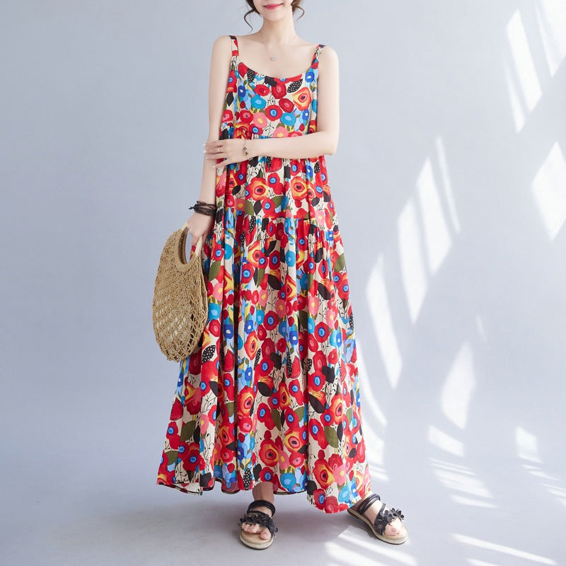 【ワンピース】体型カバー 花柄キャミワンピース｜ゆったり大きめサイズ ヴィンテージ風ロングノースリーブワンピース【SHシリーズ】