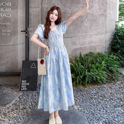 【ワンピース】グラデーション染め刺繍入りパフスリーブワンピース Aライン半袖【SHシリーズ】