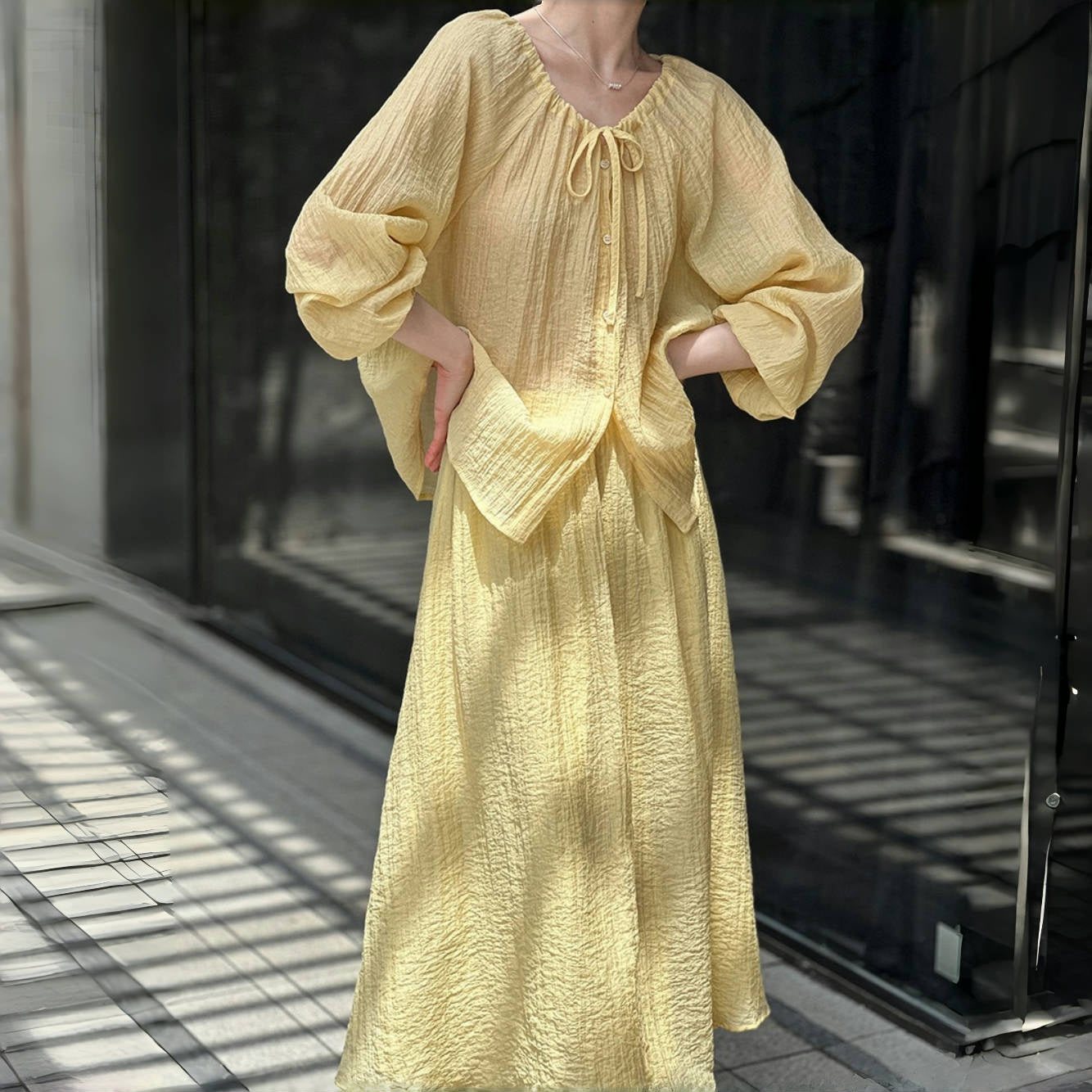 【セットアップ】気質よい あつさりシャーリング 春夏 シャツ+スカート 上下セット【SNシリーズ】