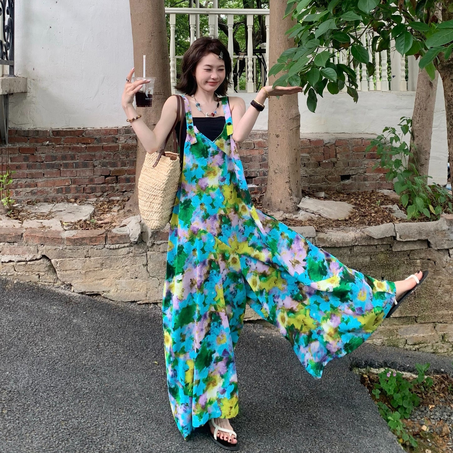 【ボトムス】夏新作 清涼感Vネック ゆったりワイドシルエット オールインワン【SHシリーズ】