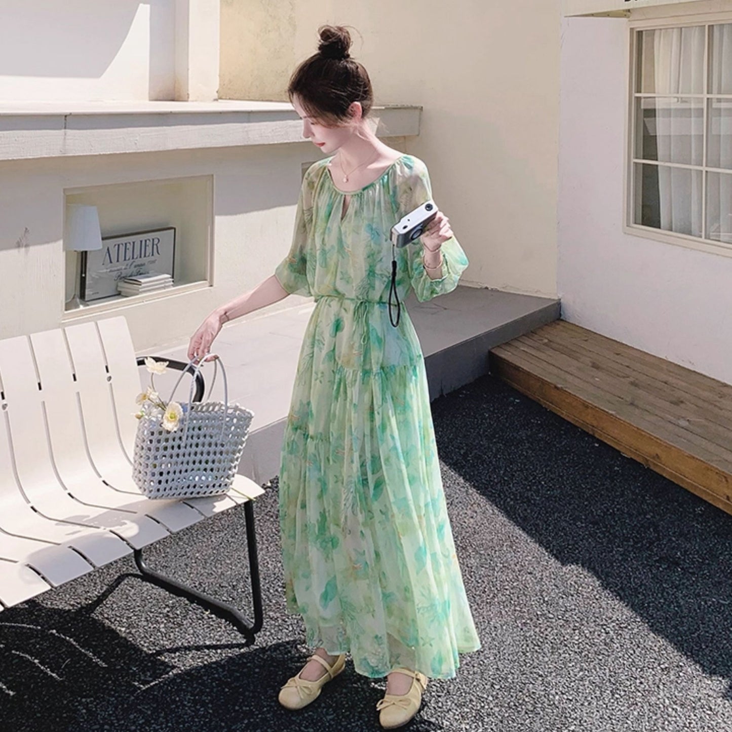 【ワンピース】森ガール風 グリーンぼかし柄 半袖 ワンピース 五分袖 大きめ裾 夏 フレンチリゾート風【SHシリーズ】