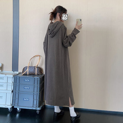 【ワンピース】韓国風ハーフジップフード付きワンピース レディース 秋新作 長袖 ロング丈 ゆったり 体型カバー【JZシリーズ】