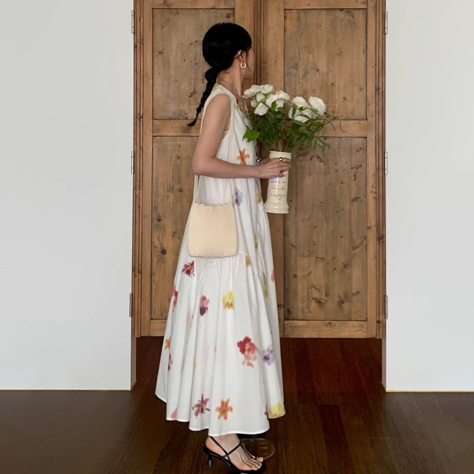 【ワンピース】リゾート風 油絵風アートプリント ノースリーブワンピース 夏新作 レトロ ゆったり フレアロングドレス レディース【SHシリーズ】