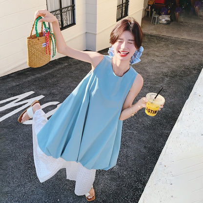 2点セット！【セットアップ】夏新作 優しげコーデ ノースリーブワンピース ＋ レースワイドパンツ 2点セット【JZシリーズ】