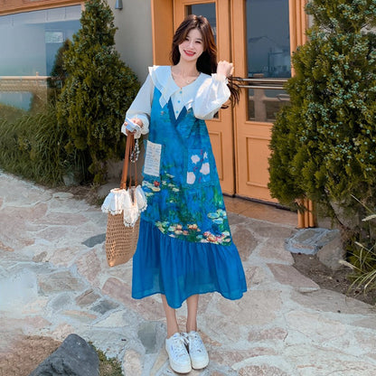 【ワンピース】スイート 花柄 チェック 切り替え 長袖ワンピース レディース 春秋 細見え 可愛い マーメイドワンピース【シリーズ】