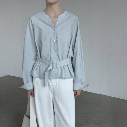 【トップス】ウエストシェイプ Vネック 通勤スタイル リボン付き シャツ 【JZシリーズ】