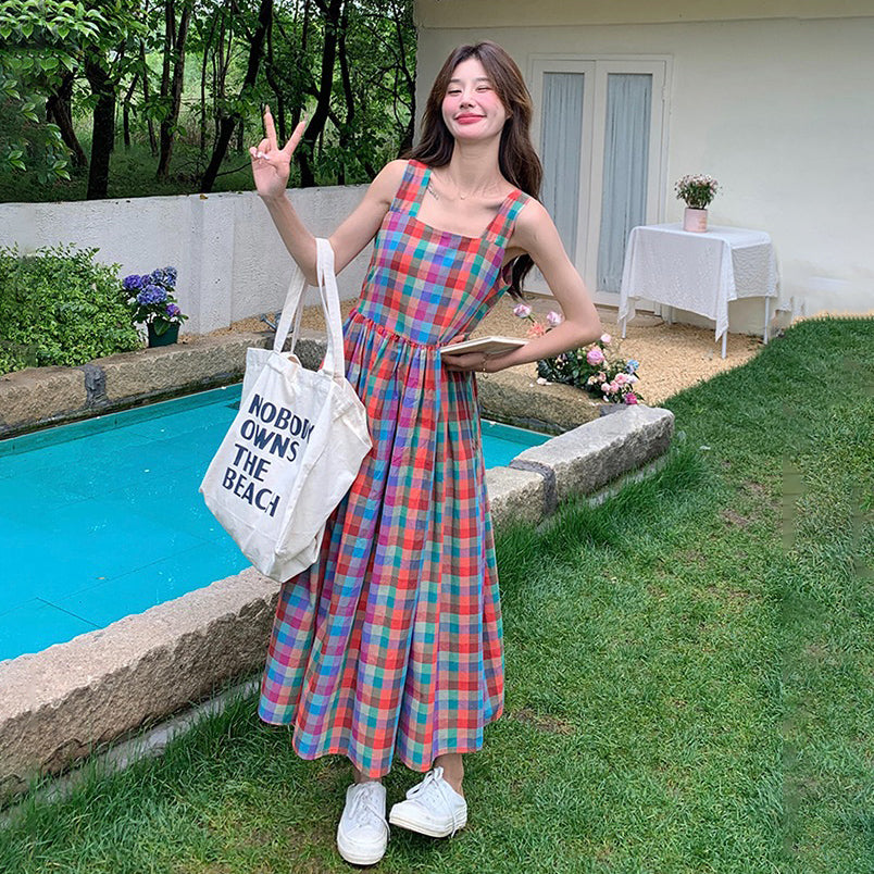 【ワンピース】夏 ドーパミンカラー チェック 高級感 シェイプアップ リゾート風 ノースリーブワンピース【SHシリーズ】