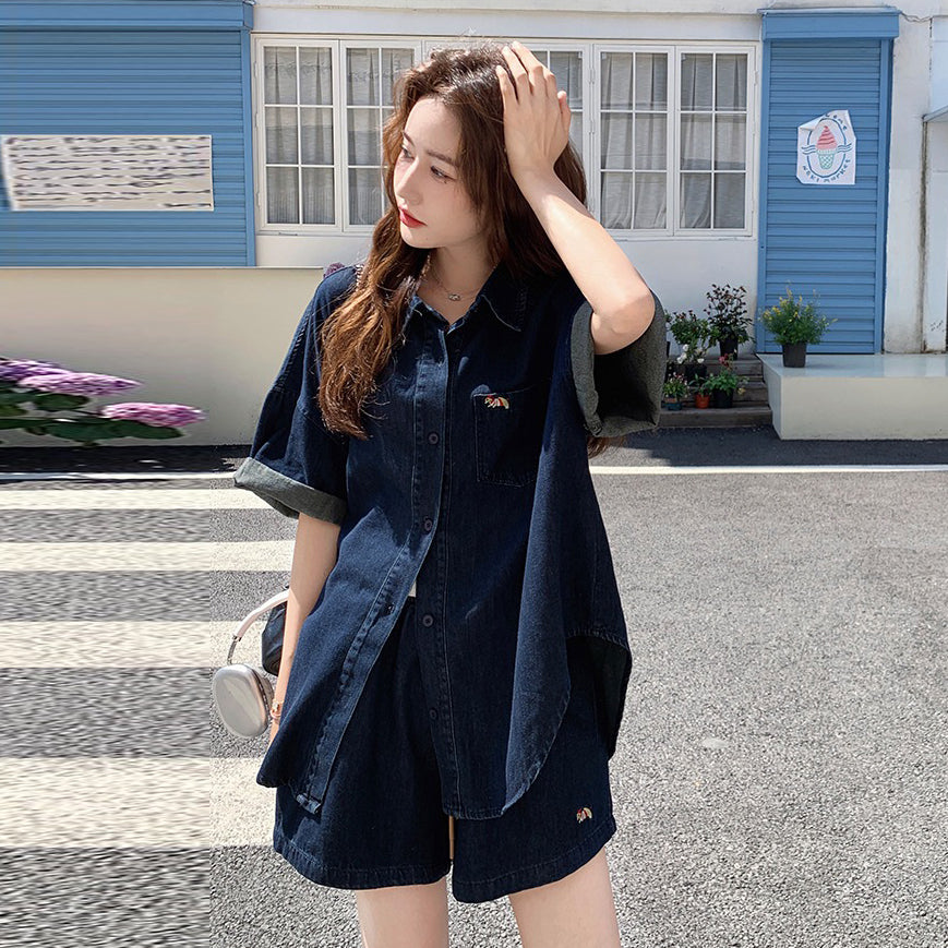 2点セット！【セットアップ】レトロデニムシャツ＆ワイドショートパンツ 上下セット 大人カッコいい＆若見えスタイル【JZシリーズ】