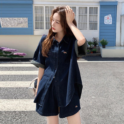 2点セット！【セットアップ】レトロデニムシャツ＆ワイドショートパンツ 上下セット 大人カッコいい＆若見えスタイル【JZシリーズ】