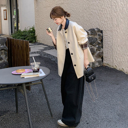 【アウター】トレンチコート レディース ブラックPUレザーカラー チェック柄袖口 デザイン性 上品 通勤 秋コーデ【JZシリーズ】