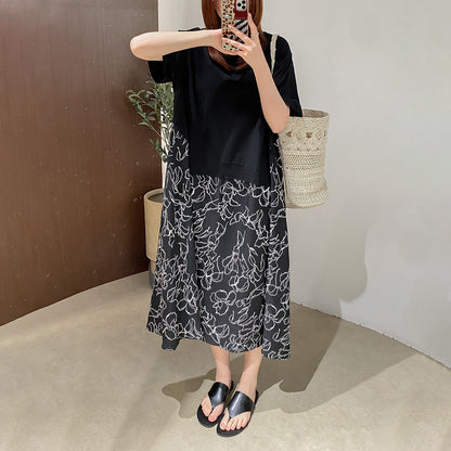 【ワンピース】カジュアル フェイクレイヤード ラウンドネック Tシャツドッキング 切替デザイン ゆったり ロングワンピース 夏新作【JZシリーズ】