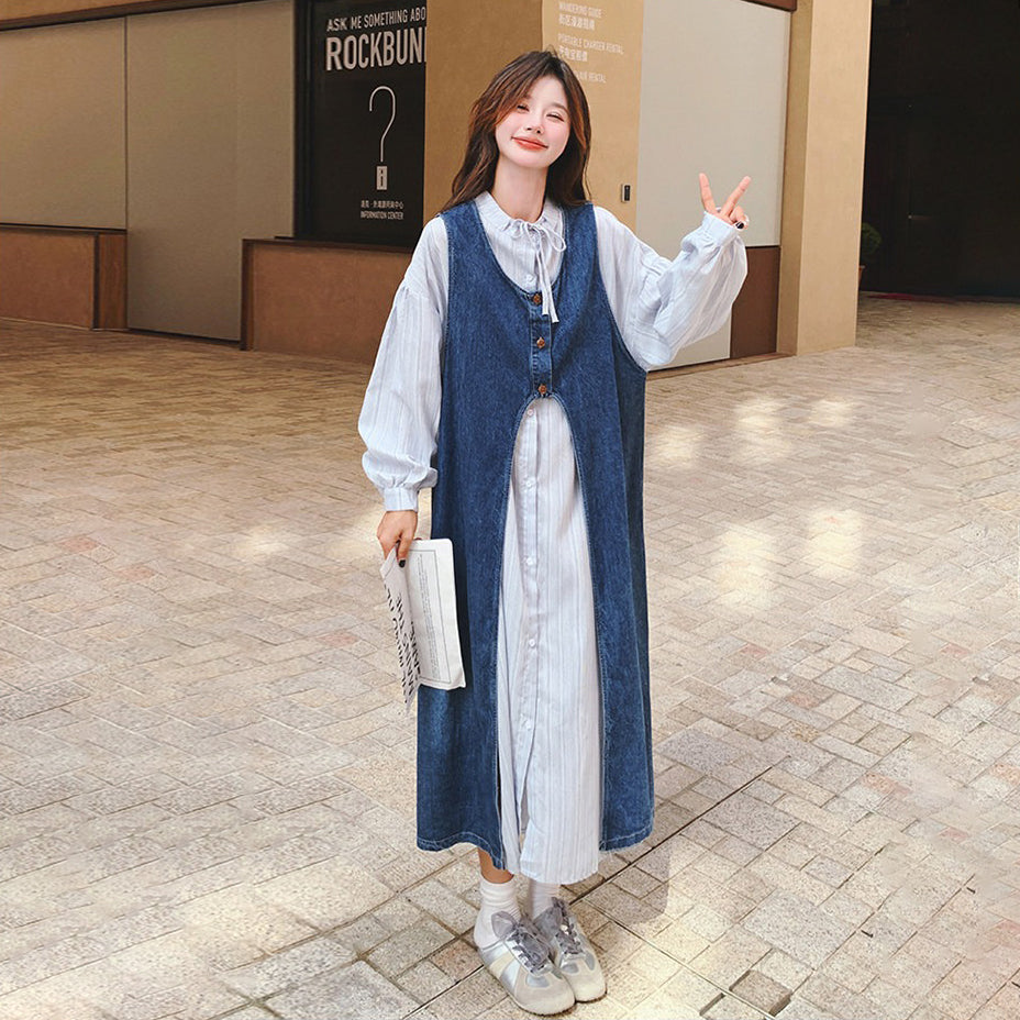 2点セット！【セットアップ】韓国風 デニムワンピースセット レディース シャツワンピ レイヤードスタイル ゆったり 2点セット 秋服【JZシリーズ】
