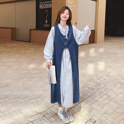 2点セット！【セットアップ】韓国風 デニムワンピースセット レディース シャツワンピ レイヤードスタイル ゆったり 2点セット 秋服【JZシリーズ】