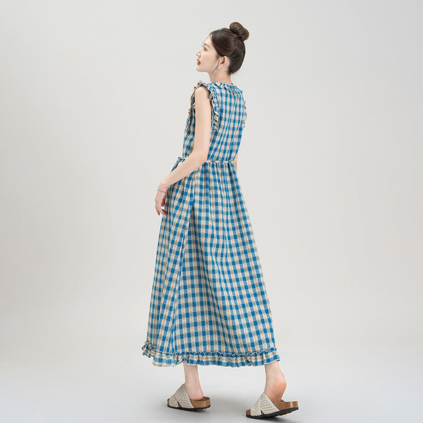 【ワンピース】夏新作 レトロチェック×小花柄 レース切り替え ウエストマークAラインロングワンピース【SHシリーズ】