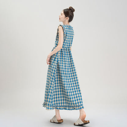 【ワンピース】夏新作 レトロチェック×小花柄 レース切り替え ウエストマークAラインロングワンピース【SHシリーズ】
