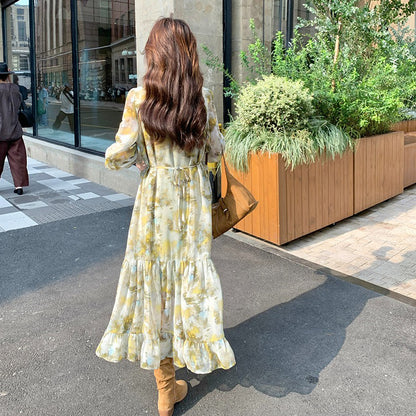 【ワンピース】フレンチ若見え フリル 花柄長袖ワンピース レディース 春秋 個性的で可愛い 大人気 超おしゃれ【SHシリーズ】