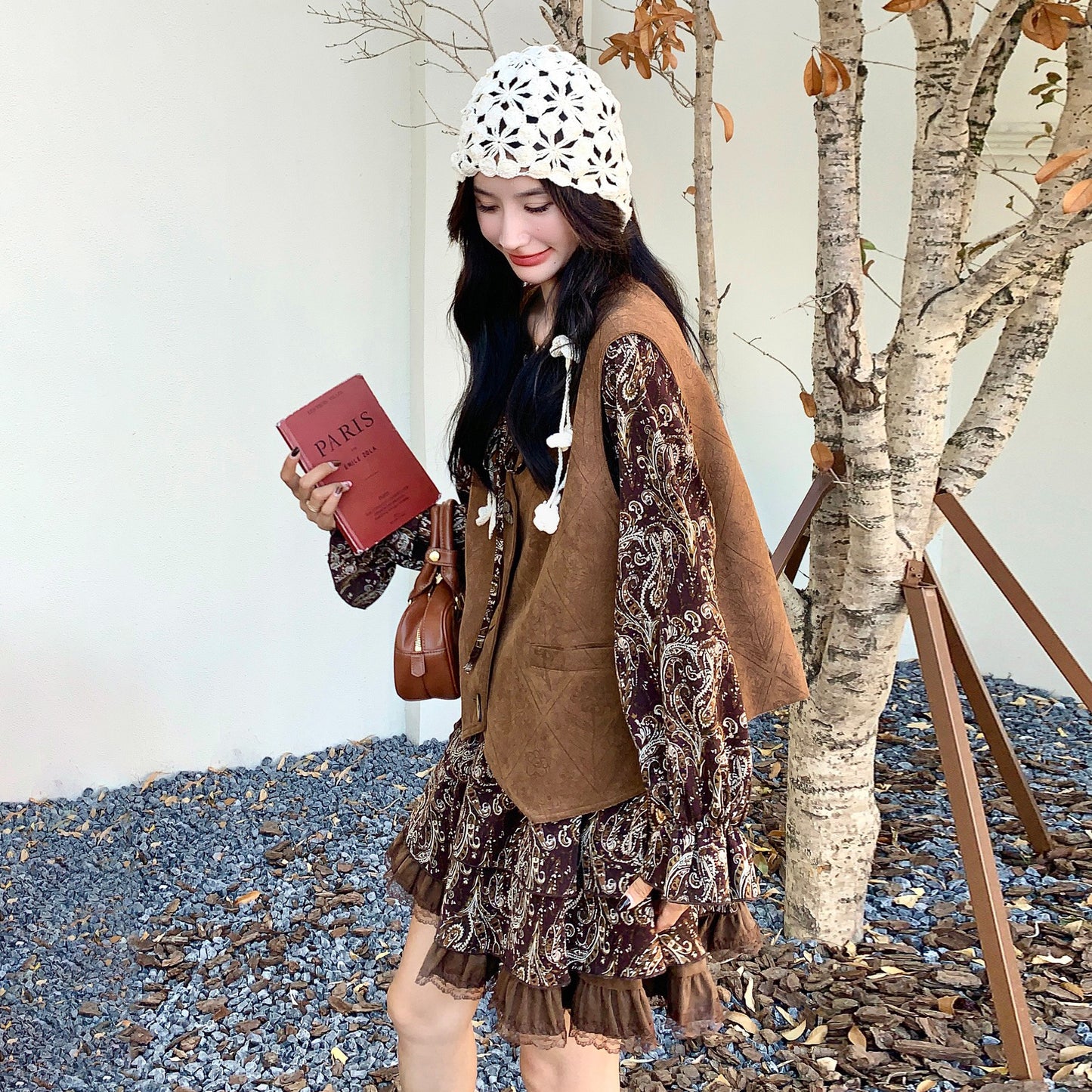 2点セット！【セットアップ】フレンチレトロ メラード 秋新作 おしゃれ  花柄 長袖ワンピース+ベスト セット【SHシリーズ】