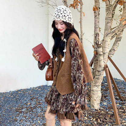 2点セット！【セットアップ】フレンチレトロ メラード 秋新作 おしゃれ  花柄 長袖ワンピース+ベスト セット【SHシリーズ】