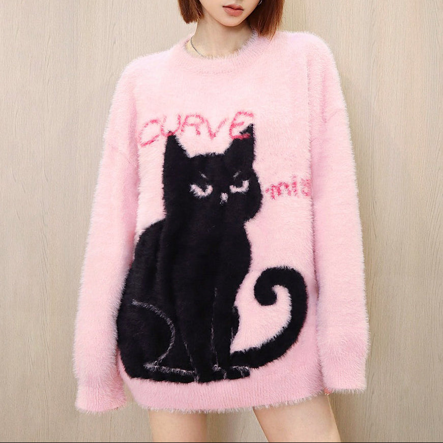 【トップス】クールな黒猫デザイン ニット レディース 秋冬 クルーネック ゆったり プルオーバー【FCシリーズ】