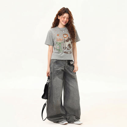 【トップス】アメリカンレトロ カートゥーンプリントTシャツ レディース 半袖 ゆったり 夏【FCシリーズ】
