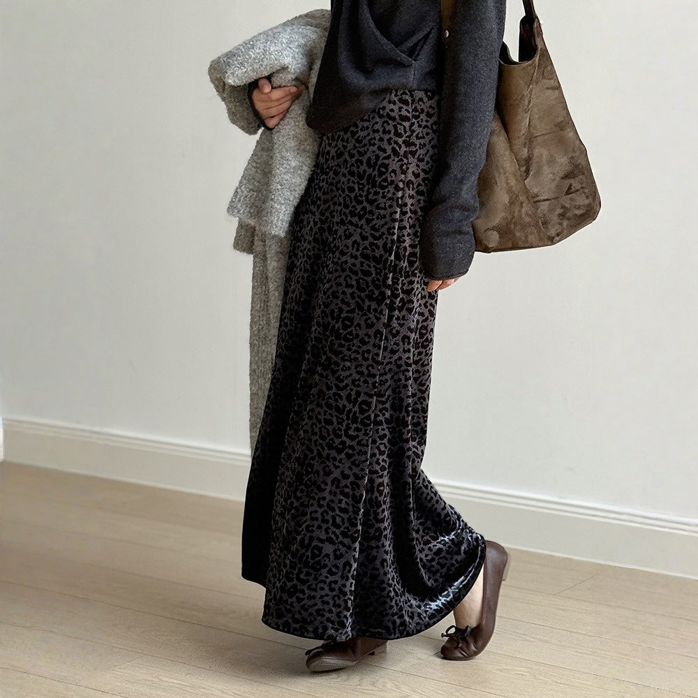 【ボトムス】春 秋 冬 レオパード ベロアハイウエスト スカート 【SNシリーズ】