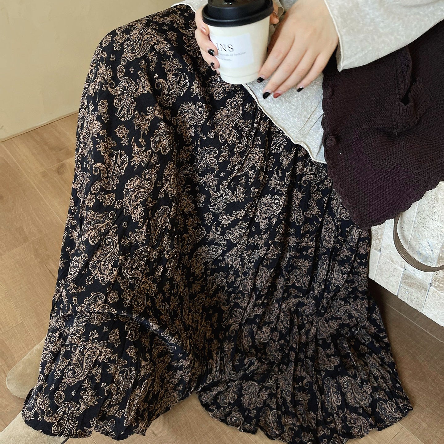 【ボトムス】レトロ風 ハイウエスト スリム見え フレアロングスカート 花柄プリーツ デザイン性スカート【SHシリーズ】