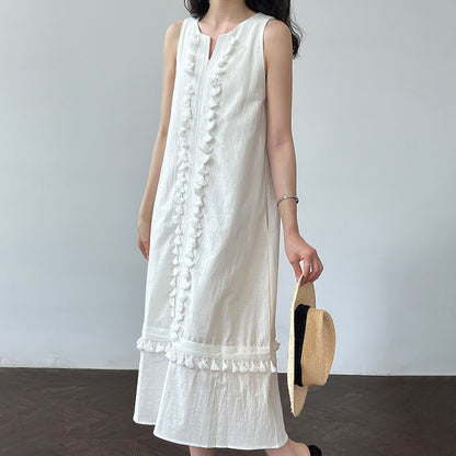 【ワンピース】韓国風 フリンジ切替 ゆったりリラックス Vネック ノースリーブワンピース 夏用 体型カバー 若見え ベストワンピース【JZシリーズ】