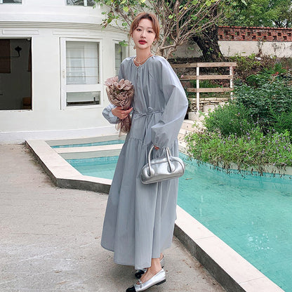 【ワンピース】フレンチ 長袖ワンピース レディース 秋新作 上品で可愛い リラックス感 ウエストマーク ロングドレス【JZシリーズ】