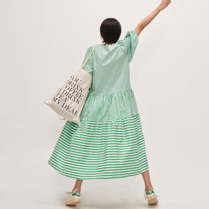 【ワンピース】 夏新作 グリーン切り替え ストライプ ゆったり 半袖ワンピース 着痩せ効果 ラウンドネックロングドレス 【JZシリーズ】【SHシリーズ】