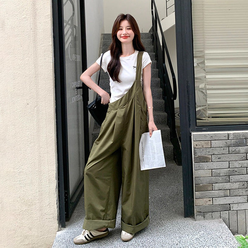 【ボトムス】韓国風 ミリタリーグリーン サロペット レディース ワイドパンツ ゆったり ハイウエスト 体型カバー リラックスコーデ 夏 オールインワン【JZシリーズ】