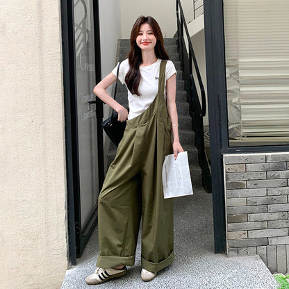 【ボトムス】韓国風 ミリタリーグリーン サロペット レディース ワイドパンツ ゆったり ハイウエスト 体型カバー リラックスコーデ 夏 オールインワン【JZシリーズ】