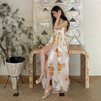 【ワンピース】フレンチ ホルターネック ベアトップ ノースリーブドレス｜バックレス リボン 2026新作｜海辺 ビーチ リゾート ロング丈 映えワンピース【SHシリーズ】