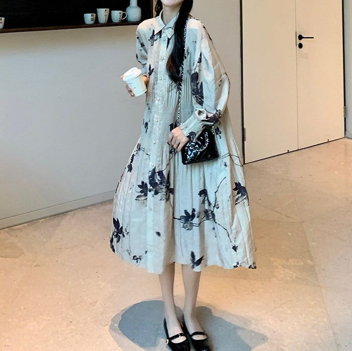 ワンピース】ボディラインを美しく見せる レトロ 花柄 プリーツ