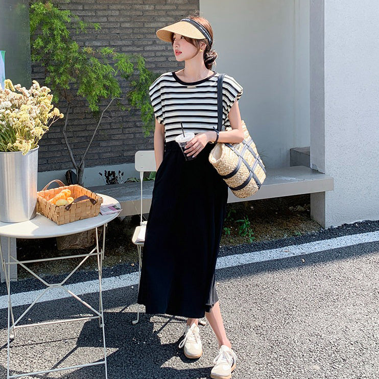 【ワンピース】ストライプ ワンピース レディース 夏 レイヤード風 半袖 ロングワンピース 細見え ウエストマーク 人気 フレンチ風【SHシリーズ】