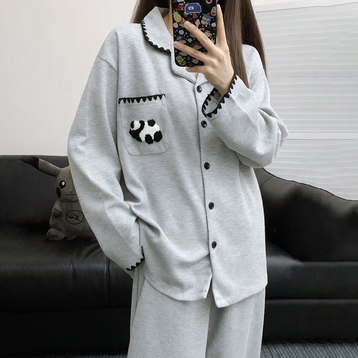 【インナー】ワッフルチェック パンダ コットン素材 長袖長ズボン ルームウェア レディース/メンズ ペア対応 春