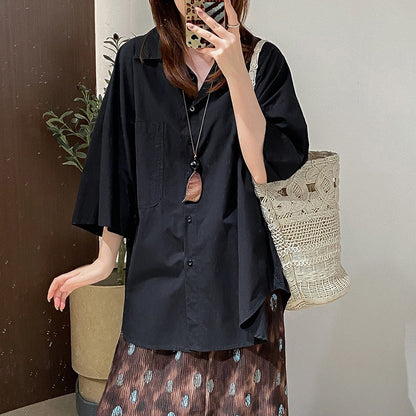 【トップス】ウォッシュドコットン 7分袖 ワイドスリーブ オーバーサイズ 半袖シャツ ゆったり ビッグシルエット 夏新作【JZシリーズ】